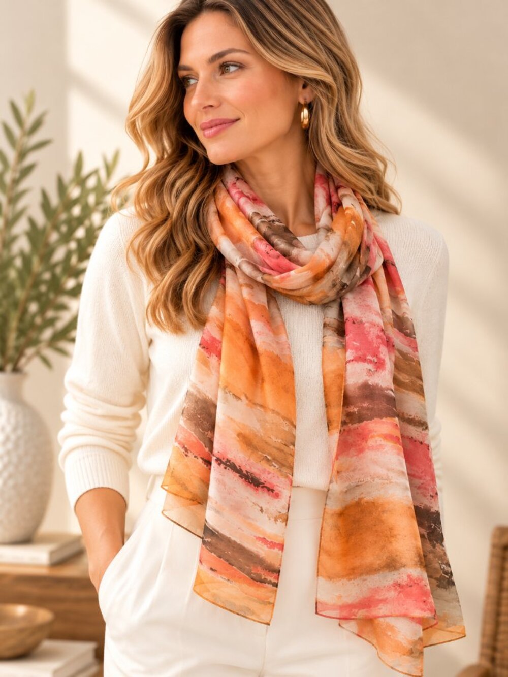 Watercolor Abstract Print Lightweight Oblong Scarf Peach Coral Brown